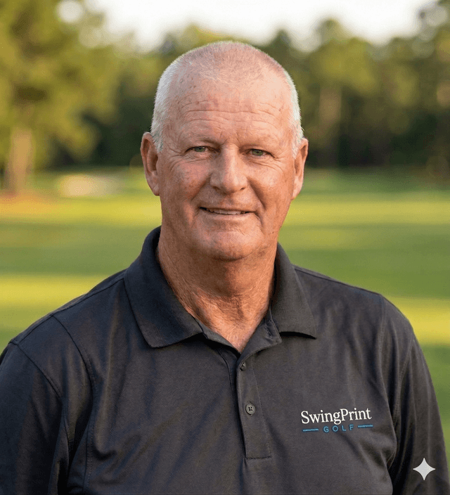 Sandy Lyle wearing Perfect Swing Path Board polo